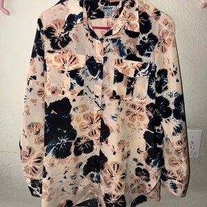 DKNY Floral Tie-Dye Button-Down Shirt in Black, Navy & Blush